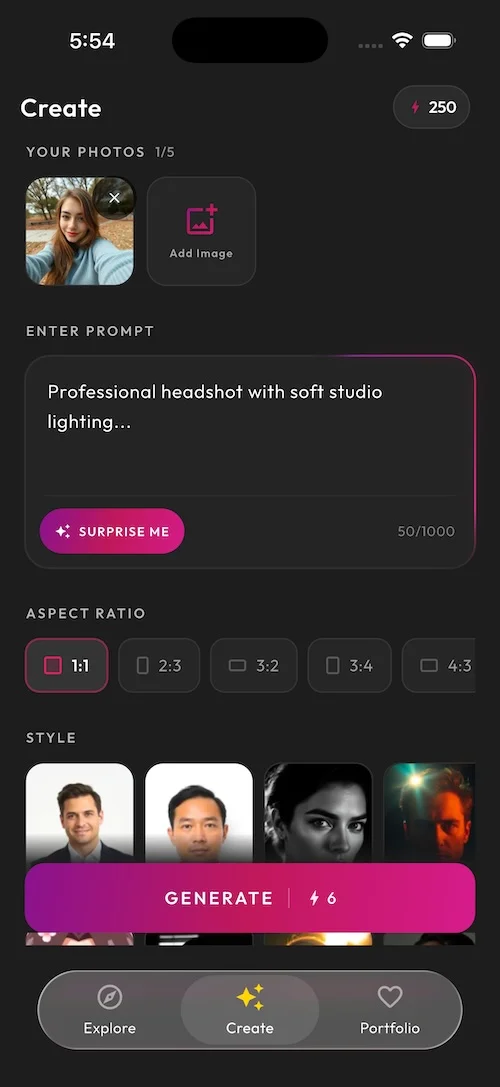 SelfAI AI headshot generator app screenshot 2 - AI photo studio interface